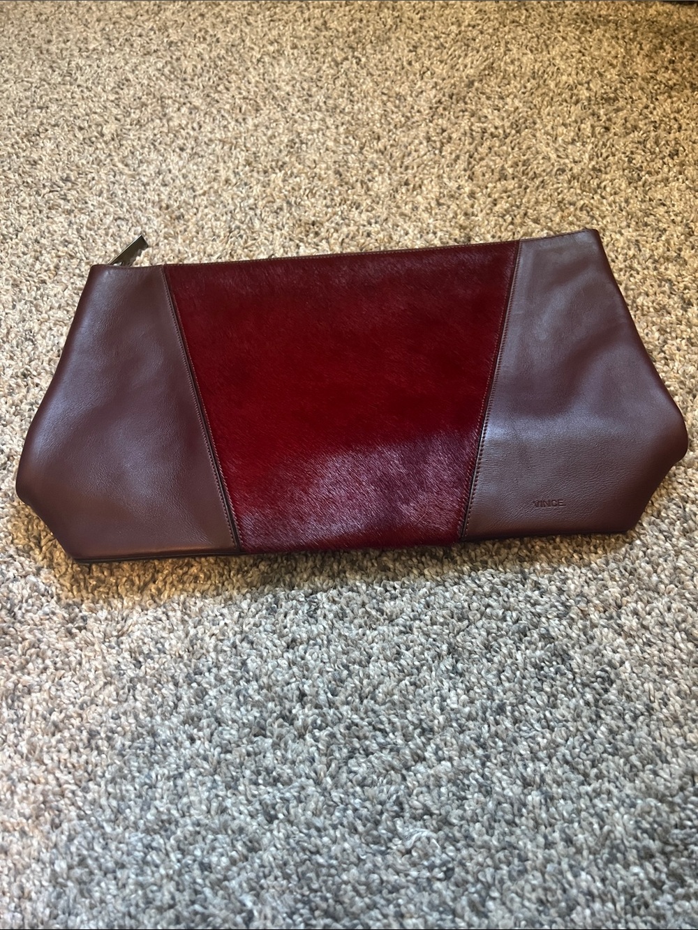 Vince Burgundy Leather and calf hair large clutch